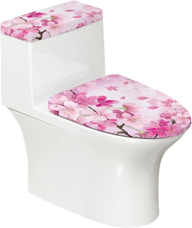 CREAMIC Cherry Blossom Toilet Tank Lid Cover and Toilet Seat Lid Cover with Elastic Bottom Toilet Covers 2 Pieces Set Universal Fit Toilet Top Covers Home Indoor Decoration - Image 2